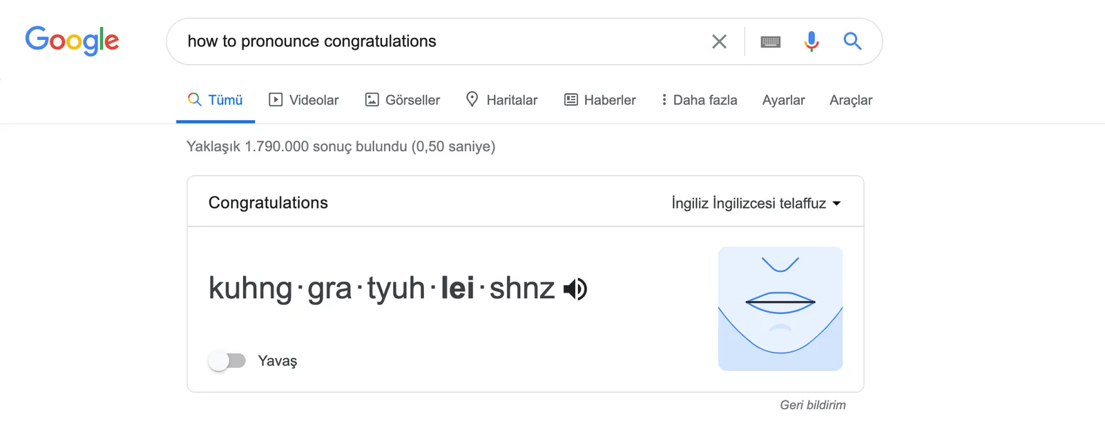 Google masaüstü aramasında how to pronounce congratulations sonucu ve ağız hareketi çizimi
