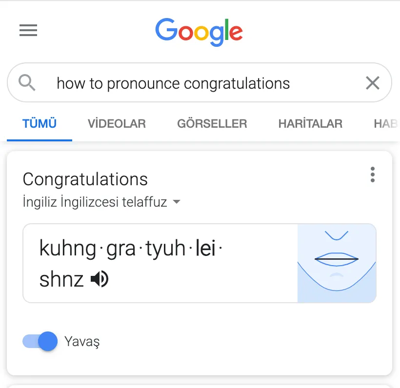Mobil Google'da congratulations telaffuz kartı, Yavaş seçeneği açık