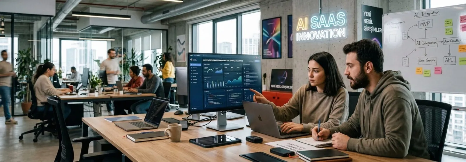 AI SaaS Innovation neon yazılı ofiste analiz ekranını inceleyen iki kişi