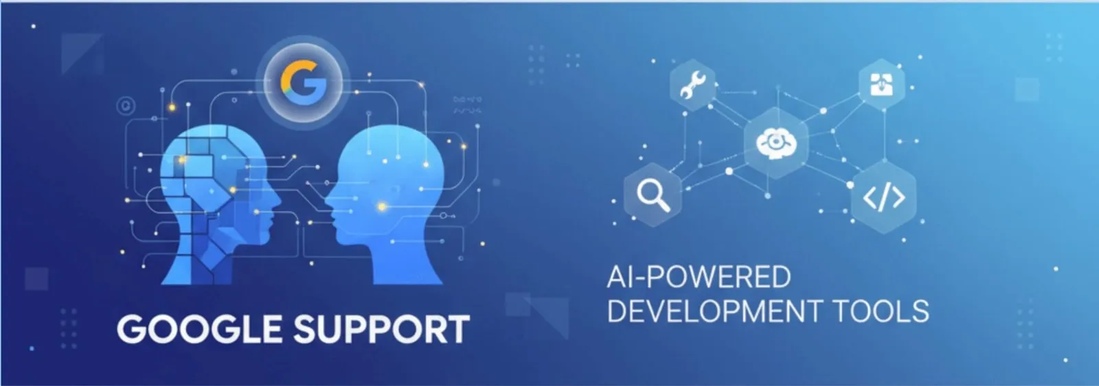 Google G simgesi, iki insan başı silueti ve AI-Powered Development Tools yazılı mavi afiş