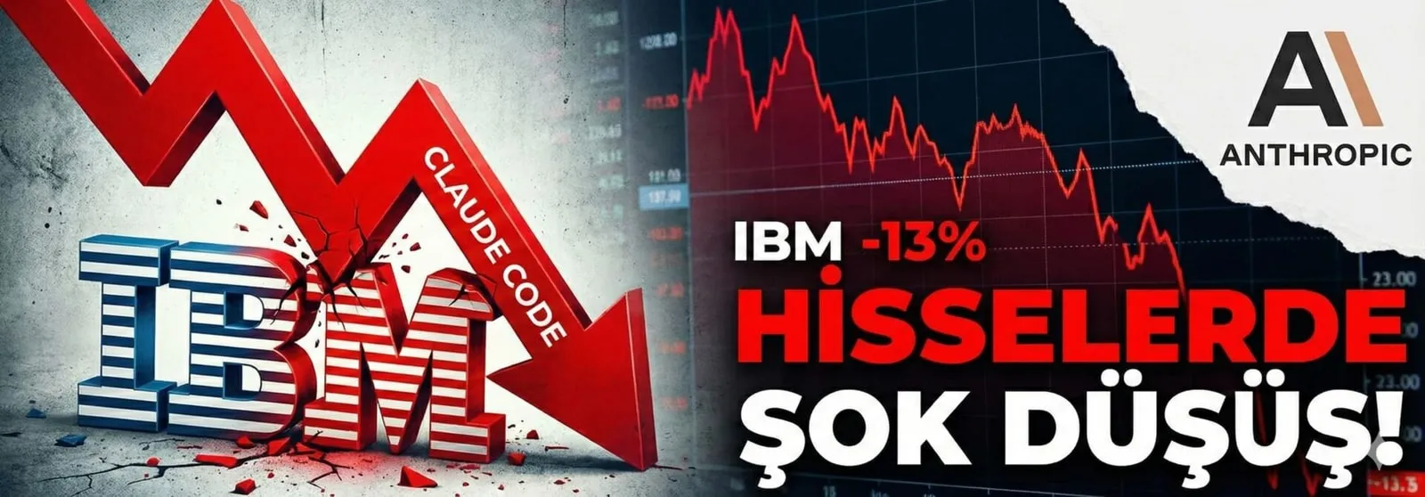 IBM logosunu kıran Claude Code yazılı kırmızı ok, düşen hisse grafiği ve IBM -13% yazısı