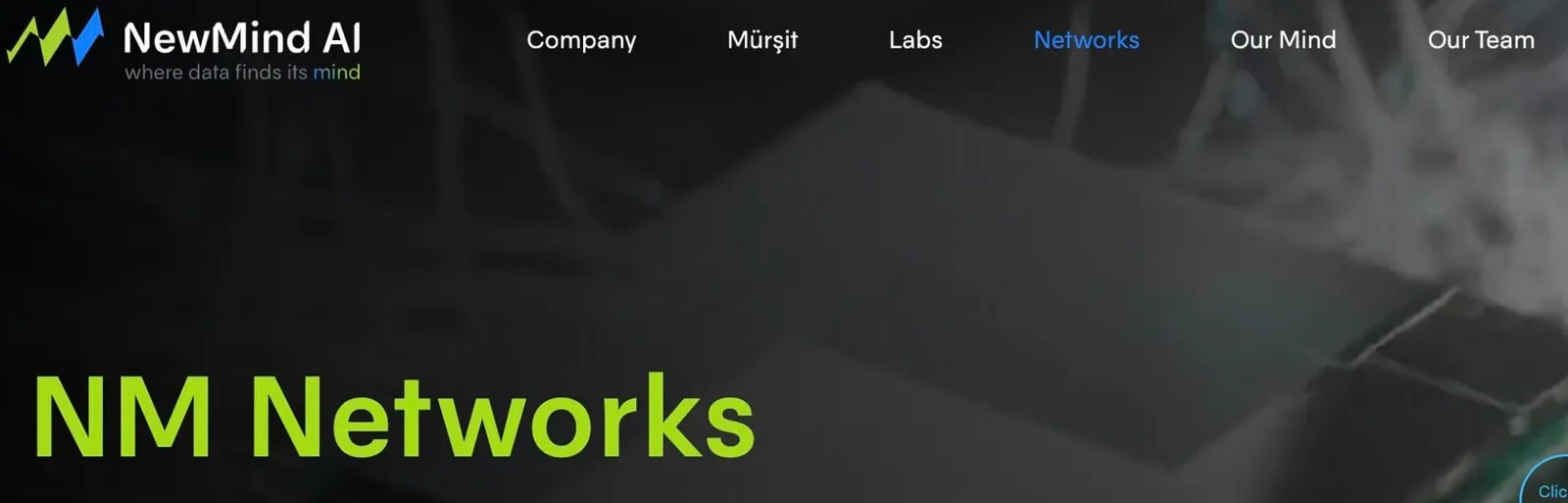 NewMind AI web sitesinin NM Networks sayfası ve Mürşit menüsünü içeren üst gezinme çubuğu