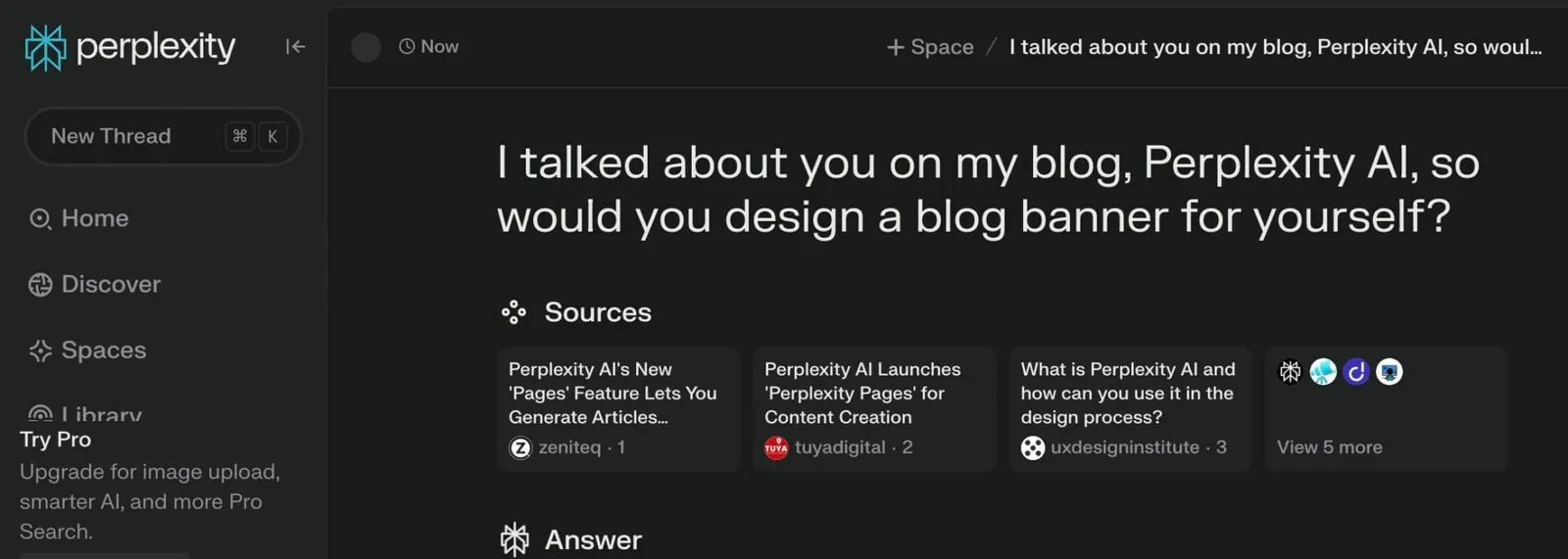 Perplexity arayüzünde blog banner'ı isteyen soru ve altında listelenen kaynaklar