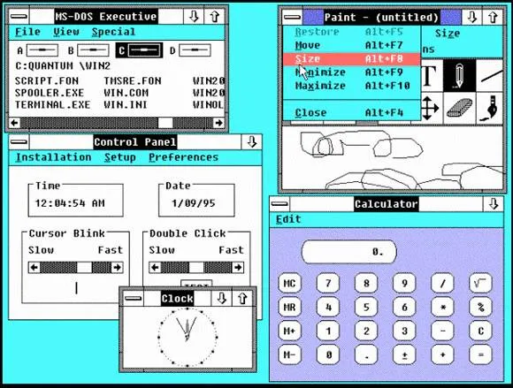 Windows 2.0 ekranında üst üste açık Control Panel, Paint, Calculator ve Clock pencereleri