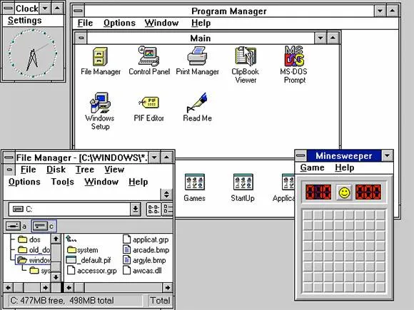 Windows 3.11 Program Manager, File Manager ve Mayın Tarlası pencereleri