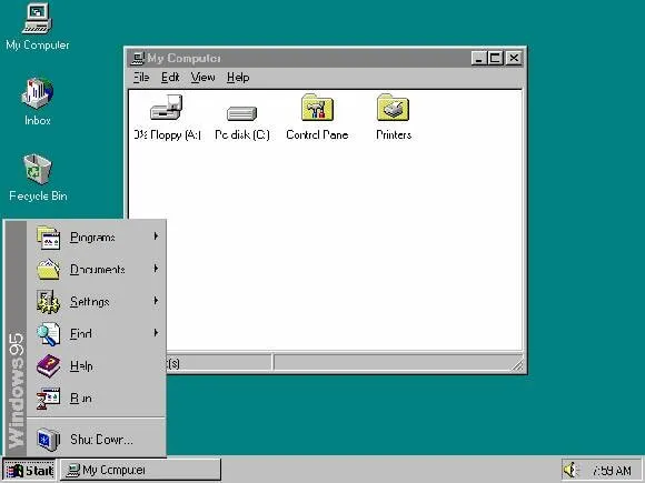 Windows 95 masaüstünde açık Başlat menüsü ve My Computer penceresi