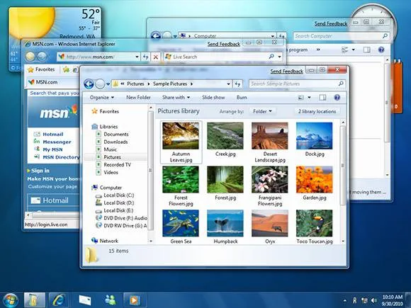Windows 7 masaüstünde Pictures kitaplığı, Internet Explorer ve hava durumu aracı