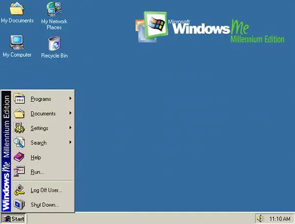 Windows Millennium Edition masaüstü, açık Başlat menüsü ve Windows Me logosu