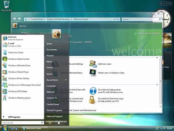 Windows Vista Başlat menüsü ve arkada Welcome Center penceresi