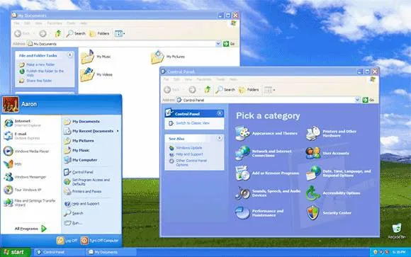 Windows XP masaüstünde mavi Başlat menüsü, My Documents ve Control Panel pencereleri